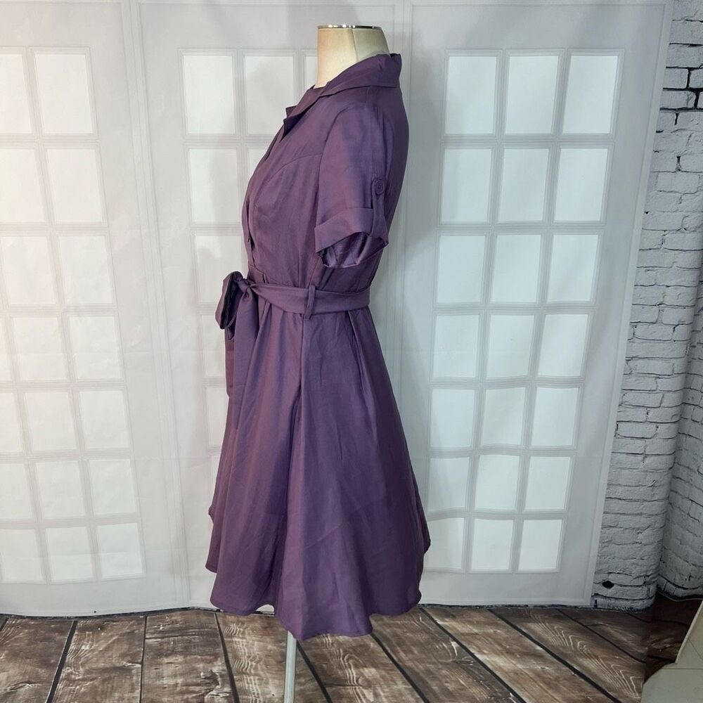 Venus Purple Collared Retro Vibe Tie Waist Short Sleeve Shirt Dress Size 8 - Picture 6 of 10